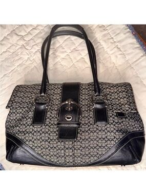 Coach Black and Gray Signature Jacquard Tote with Buckle Accent